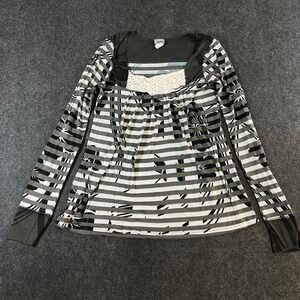 Daytrip Women Gray Striped Floral Crochet Lace Square Neck Long Sleeve Top M Y2K